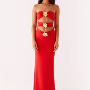 Tangerine Strapless Cutout Maxi Dress with Gold Floral Accents peppermayo new